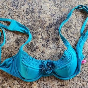 Betsey Johnson turquoise bikini with flower decoration and heart shaped hardware
